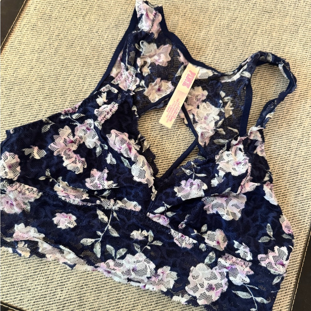 PINK Victoria's Secret Blue and Pink Floral Lace Bralette